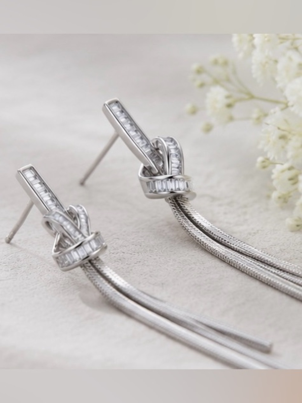 Silver Baguette Knot Tassel Earrings Luxury Evening Statement Jewelry
